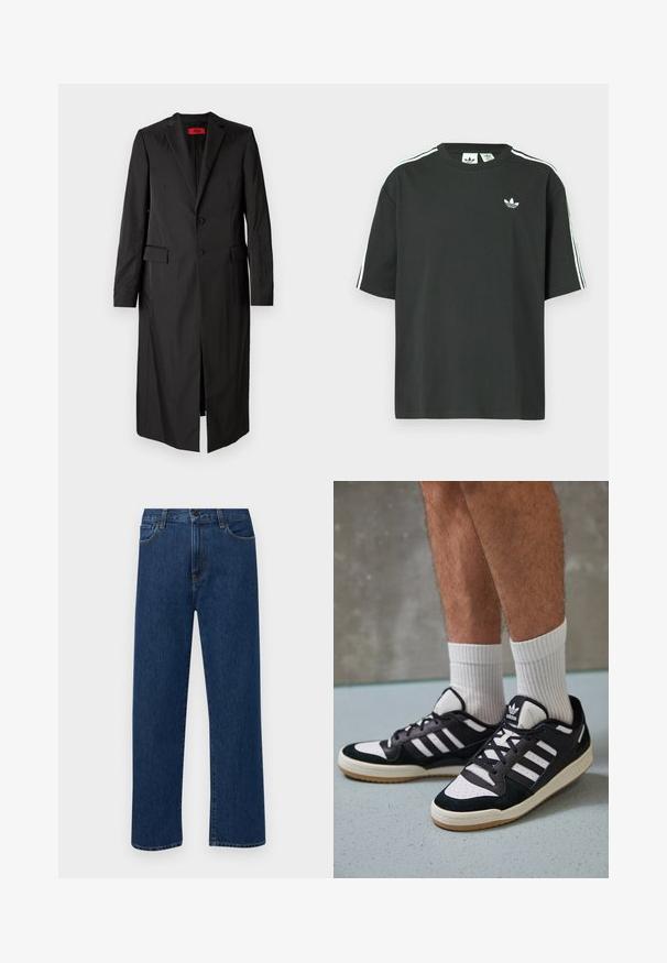 Černý dlouhý kabát z lehkého materiálu s jednobarevným designem, dvěma knoflíky a bočními kapsami. Minimalistický styl s elegantní siluetou.; Černé bavlněné tričko s krátkými rukávy, kulatým výstřihem a bílými třemi pruhy na ramenou. Na hrudi je malá bílá logo.; Tmavě modré džíny s rovnými nohavicemi, předními kapsami a zapínáním na knoflík, vystavené na jednoduchém bílém pozadí.; Černobílé tenisky s vrchní částí z semišové a kožené kůže, včetně tří bílých pruhů, perforovaného špičky a podrážky z gumy.