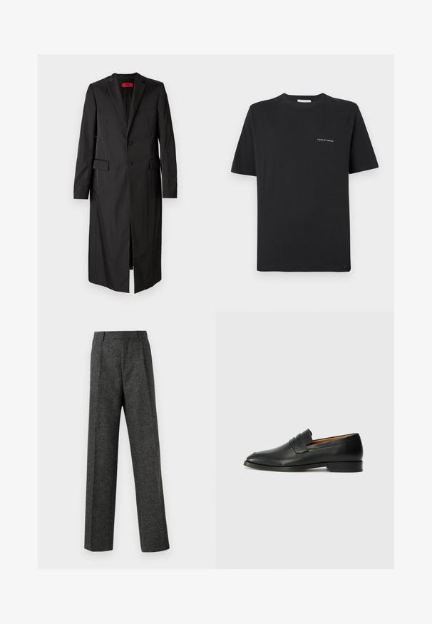 Palton lung black dintr-un material ușor, având un design cu un singur rând de nasturi, două nasturi și buzunare laterale. Stil minimalist cu o siluetă eleganta.; Tricou negru din bumbac cu guler rotund, mâneci scurte și un mic logo alb "TIGER OF SWEDEN" pe piept. Croială clasică.; Pantaloni gri ajustați din țesătură texturată, prezentând două pliere frontale și un design drept. Fără buzunare vizibile sau ornamente.; Lofer din piele neagră, cu vârf rotund, detalii cusute subtile și toc jos, având o textură netedă și un design minimalist.