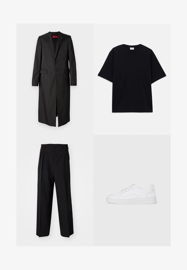 Melns garš mētelis vieglā audumā, ar vienrindu pogu aizdari, divām pogām un sānu kabatām. Minimālistisks stils ar gludu siluetu.; Melns īsām piedurknēm oversize T-krekls ar apaļu kakla izgriezumu un redzamu Filippa K zīmola birku iekškaklā.; Melnas plisētās bikses ar taisnu, plata kāja dizainu. Izgatavotas no gludas auduma, ar pogu aizdari un jostas cilpiņām.; Baltas zema apava sporta kurpes ar auklēm priekšā, gluda virsma un gumijas zole uz vienkārša gaiša fona.