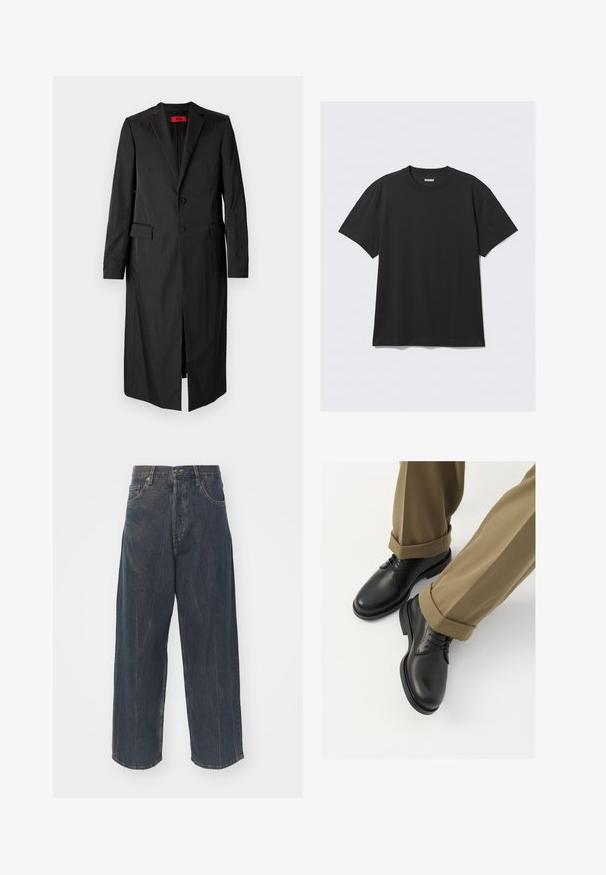 Mustmust musträkk, millel on kerge kangas ja, mis on ühe nööbiga, kahe nööbiga ja küljetaskutega. Minimalistlik stiil, millel on sujuv siluett.; Must sõnumit särk lühikeste varrukate ja puuvillase kangaga. Omab ümarat kaelust ja lõdva istuvust. Lihtne disain, ilma mustrite või aktsentideta.; Laia tume sinine teksapüksid, millel on peenelt kulutatud tekstuur, viis taskut ning klassikaline nööp ja luku sulgemine vööl.; Mustad mustad naha kingad, millel on sile viimistlus, sidemed ja ümar nina, on kombineeritud üleskeeratud khaki pükstega.