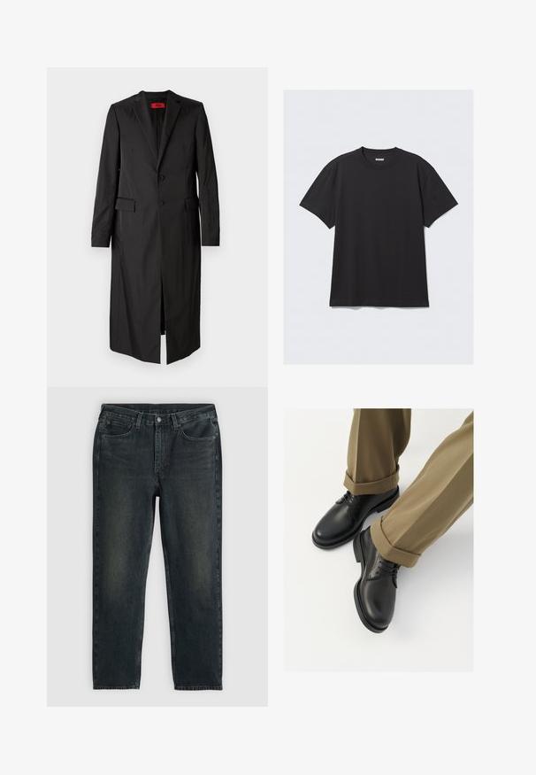 Mustmust musträkk, millel on kerge kangas ja, mis on ühe nööbiga, kahe nööbiga ja küljetaskutega. Minimalistlik stiil, millel on sujuv siluett.; Must sõnumit särk lühikeste varrukate ja puuvillase kangaga. Omab ümarat kaelust ja lõdva istuvust. Lihtne disain, ilma mustrite või aktsentideta.; Tumed sinised denim teksad sirgete sääremõõtudega, viie tasku, lukuga ja kontrastsetes õmblustes. Kanga peal on õrn kulumine.; Mustad mustad naha kingad, millel on sile viimistlus, sidemed ja ümar nina, on kombineeritud üleskeeratud khaki pükstega.