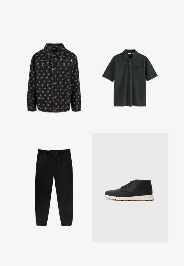 Černá džínová bunda s opakujícím se vzorem loga "SP" v světle šedé barvě. Má límec, přední zapínání na knoflíky a dvě náprsní kapsy s klopami.; Černé polo tričko vyrobené z bavlny, s límečkem, třemi knoflíky, krátkými rukávy a kapsou na prsou.; Černé kalhoty s elastickým pasem a stahovací šňůrkou, se zúženými nohavicemi, bočními kapsami a jemnými detaily bočního šití. Měkká textilie z bavlny.; Černé kožené chukka boty s bílou gumovou podrážkou, s kulatými tkaničkami a božím logem embosovaným na patě. Hladký povrch po celém obvodu.