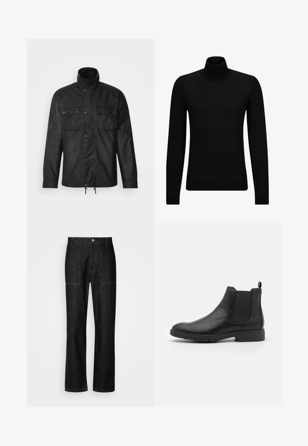 Černá bunda s vysokým límcem, dvěma předními kapsami, patentkami a nastavovací šňůrkou na spodním lemu. Hladký, texturovaný materiál.; Černý rolák vyrobený z měkkého materiálu, s dlouhými rukávy a těsným střihem. Hladký lem na spodním okraji a manžetách. Jednoduchý design.; Černé džínové kalhoty se rovnými nohavicemi, viditelným šitím a předním knoflíkovým uzávěrem. Obsahují dvě boční kapsy a dvě zadní kapsy.; Černé kožené Chelsea boty s elastickými bočními panely a poutkem, s kulatou špičkou a texturovanou gumovou podrážkou.