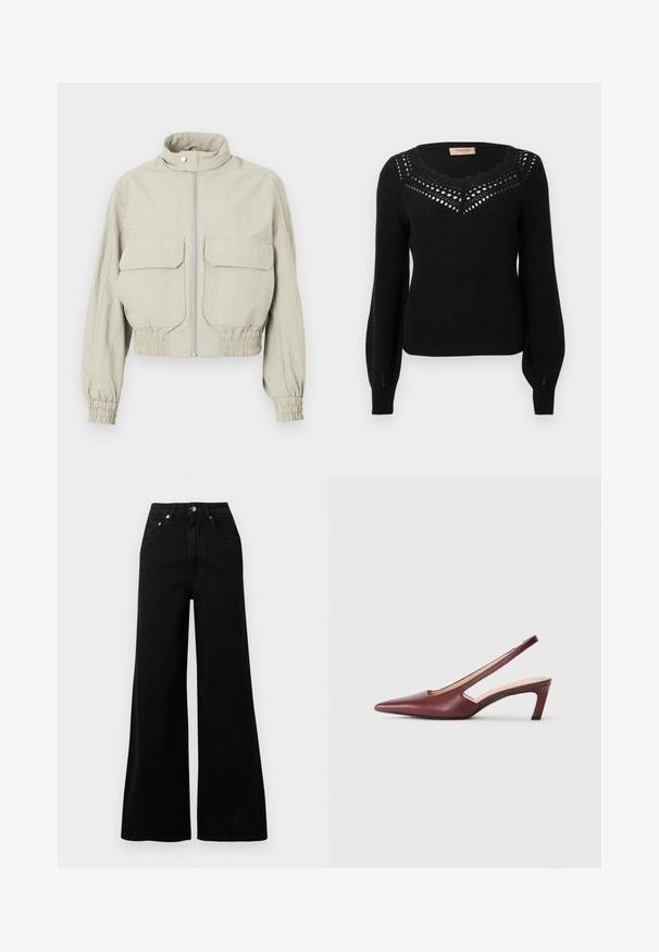Hellegraue, kurze Jacke mit hohem Kragen, Frontreißverschluss und zwei großen Brusttaschen. Elastische Bündchen und Saum verleihen Textur.; Schwarzer Pullover mit gerippter Struktur, gewelltem Ausschnitt und Lochmuster am Brustbereich. Lange Ärmel und taillierte Passform.; Schwarze Jeans mit weitem Bein, gefertigt aus Denim, mit hoher Taille, fünf Taschen, vorderer Knopfverschluss und minimalen Nahtdetails.; Burgunderfarbene Slingback-High Heels mit spitzer Zehenform, Ausschnitten an den Seiten und einem Blockabsatz in mittlerer Höhe. Glatte Lederoberfläche.
