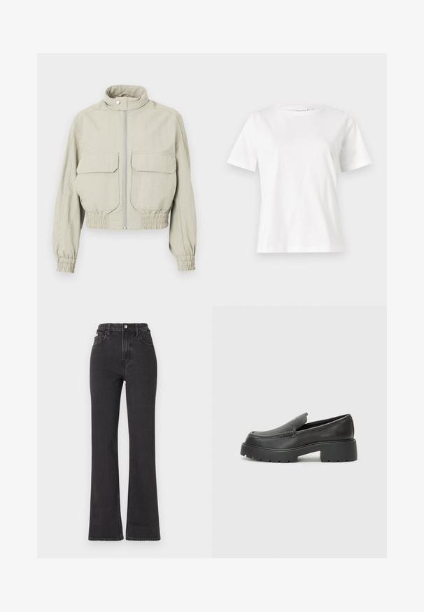 Hellegraue, kurze Jacke mit hohem Kragen, Frontreißverschluss und zwei großen Brusttaschen. Elastische Bündchen und Saum verleihen Textur.; Weißes Baumwoll-T-Shirt mit kurzen Ärmeln, Rundhalsausschnitt und lockerer Passform. Glatte Textur, keine Muster oder Akzente, minimalistisches Design.; Schwarze, hochgeschnittene Schlagjeans aus Denim mit Knopfverschluss, Gürtelschlaufen und seitlichen Taschen. Glatte Textur mit minimaler Ausbleichung.; Schwarze Lederloafer mit einer abgerundeten Spitze, dicker strukturierten Laufsohle und minimalen Nähten. Schlankes Design ohne sichtbare Schnürsenkel oder Beschläge.