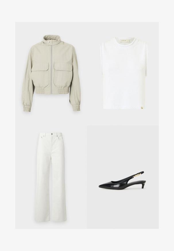 Šviesiai pilkas trumpas švarkas su aukštu apykakle, priekiniais užtrauktukais ir dviem dideliais krūtinės kišenėmis. Elastingi rankogaliai ir apatinė dalis suteikia tekstūrą.; Balta be rankovių megzta palaidinė su apvaliu kaklu, išraižytu apvadu ir šoninėmis siūlėmis; apačioje yra mažas prekinis ženklas.; Samsøe Samsøe SHELLY - Laisvo kirpimo džinsai - clear cream; Juodas odinis pavasario batelių modelis su smailiu nosiu, turintis siaurą kulniuką ir auksinės spalvos akcentu reguliuojamoje juostoje. Lygi tekstūra.