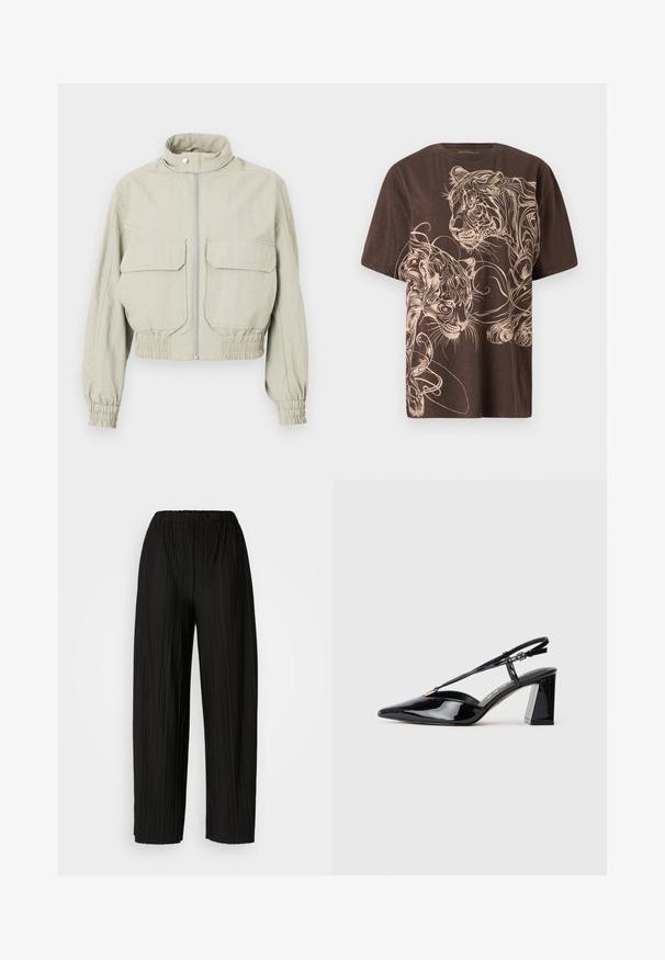 Svetlo siva skrajšana jakna s visokim ovratnikom, sprednjim zadrgo in dvema velikima žepoma na prsih. Elastični manšeti in spodnji del dodajata teksturo.; Brahno majica s podrobnim grafičnim dizajnom tigra v svetlo kremni barvi. Kratki rokavi, okrogla ovratnika in mehak, teksturiran material.; Črne široke hlače z nagubanimi hlačnicami in elastičnim pasom. Tkanina vsebuje vertikalne gube in gladko teksturo.; Črne lakirane slingback visoke pete z ostrim nosom, nastavljivim trakcem in debelim pravokotnim peto.