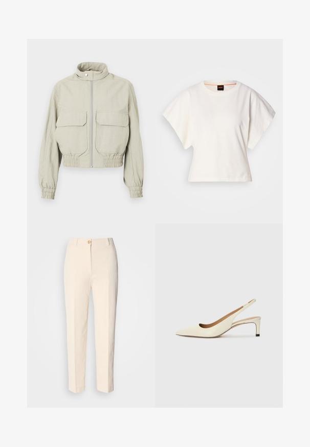 Svetlo šedá skrátená bunda s vysokým golierom, predným zipsom a dvoma veľkými náprsníkovými vreckami. Elastické manžety a lem dodávajú textúru.; Biely skrátený tričko, krátke široké rukávy, mäkký bavlnený materiál, okrúhly výstrih s jemným oranžovým lemovaním, minimalistický dizajn, bez vzorov alebo grafiky.; Béžové, vysokoklačkové nohavice vyrobené z textúrovanej látky. Obsahujú predné zapínanie na gombík a zúžené nohavice.; Lodičková obuv so špicatou špičkou v béžovej kože, s nízkym opätkom a vykrojeným dizajnom, hladkou textúrou a minimálnymi akcentmi.