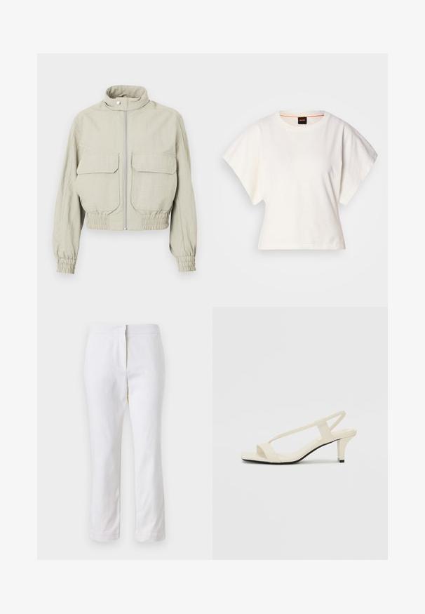Veste cropped gris clair avec un col montant, fermeture éclair devant et deux grandes poches poitrine. Les poignets et l'ourlet élastiqués ajoutent de la texture.; T-shirt blanc cintré, manches courtes et larges, en coton doux, décolleté rond avec une discrète bordure orange, design minimaliste, sans motifs ni graphiques.; Pantalons en coton blancs avec une coupe droite, dotés d'une taille mi-haute et sans matériel ou motifs visibles. Texture lisse sur l'ensemble.; Sandales beiges à talons carrés avec des fines brides et un bout carré. Matière lisse avec des détails minimaux, conçues pour un port facile.