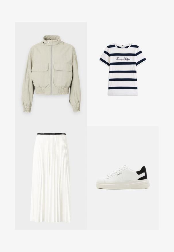 Lichtgrijze cropped jas met een hoge kraag, voorrits en twee grote borstzakken. Elastische manchetten en zoom geven textuur.; Katoenen T-shirt met horizontale marineblauwe strepen op een witte achtergrond. "Tommy Hilfiger" geborduurd in cursieve letters op de borst. Ronde hals.; Plisséminirok in het wit met een zwarte elastische tailleband met het "LACOSTE"-logo. Middellange ontwerp met een zachte textuur.; Witte leren sneakers met een dikke witte zool, zwarte suède hielaccent en een geperst logo op de zijkant. Vetersluiting met zes oogjes.