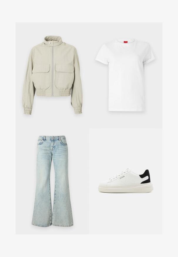 Jachetă scurtă de culoare gri deschis, cu guler înalt, fermoar frontal și două buzunare mari la piept. Manșetele și tivul elastic adaugă textură.; Tricou alb cu maneci scurte, fabricat din bumbac subtire. Are un decolteu rotund și mâneci răsucite. Etichetă roșie cu logo pe guler.; Jeans evazați de culoare albastru deschis, realizate din denim, cu talie înaltă, buzunare și tivuri desfăcute. Materialul prezintă o spălare decolorată și o textură subtilă.; Adidași din piele albă cu o talpă groasă albă, accent de călcâi din suede negru și logo embosat pe lateral. Design cu șireturi și șase orificii.