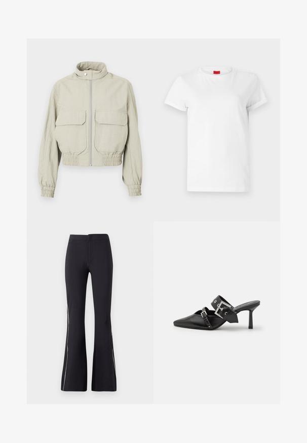 Lys grå cropped jakke med høj krave, frontlynlås og to store brystlommer. Elastiske manchetter og kant tilføjer struktur.; Hvid kortærmet t-shirt lavet af letvægts bomuld. Har en rund halsudskæring og rullede ærmer. Rød logoetiket på kraven.; Sorte flagrende bukser lavet af strækbart stof. Har en glat overflade og kontrasterende hvid piping i siden. Enkel elastisk talje-design.; Sorte højhælede mules med spids tå, lavet af glat læder. Har et bredt ankelrem med en firkantet sølv spænde og nitter.