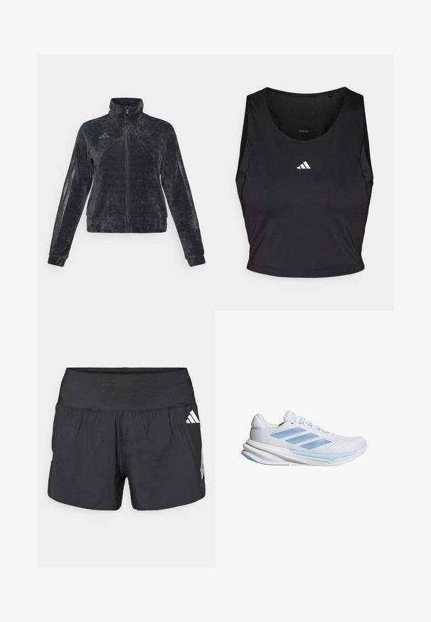 Crna flis jakna s visokim ovratnikom, zatvaranjem na zip i bočnim trakama. Ima teksturiranu tkaninu i Adidas logo na gornjem lijevom dijelu.; Crni sportski crop top napravljen od tkanine koja odvodi vlagu, s okruglim izrezom, bez rukava i bijelim logotipom na prsima.; Crne sportske kratke hlače s širokim elastičnim pojasom, laganom tkaninom i bijelim logotipom na donjoj strani.; Bijele trkačke tenisice s laganim plavim akcentima, prozračna mrežasta gornja strana, dizajn s tri pruge, podstava za ublažavanje i teksturirana podloga za prianjanje.