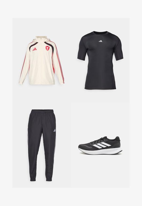 adidas Performance LIVERPOOL FC UBP WINDBREAKER - Klubové oblečení - white; Černé sportovní tričko s krátkým rukávem vyrobené z hladkého, elastického materiálu. Obsahuje bílé logo na hrudi a ploché švy pro větší pohodlí.; Černé sportovní kalhoty s elastickým pasem, se zlomenými bílými pruhy po stranách a malým logem na bocích. Hladká textura.; Černá sportovní obuv s prodyšným síťovaným svrškem, bílými akcenty a polstrovanou podrážkou. Na boku se nachází logo se třemi pruhy.