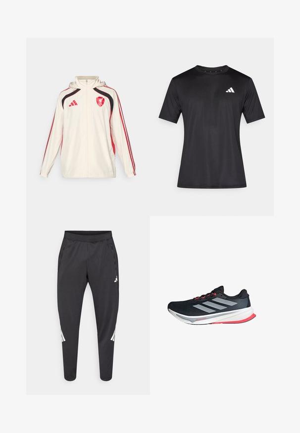 adidas Performance LIVERPOOL FC UBP WINDBREAKER - Klubové oblečení - white; Černé atletické tričko z lehké síťované látky, s krátkými rukávy a bílým logem na levé straně hrudníku.; Černé atletické kalhoty se zúženými nohavicemi, elastickým pasem, bočními kapsami a bílým logem a proužky jako ozdobou. Vyrobené z hladkého, lehkého materiálu.; Černá běžecká bota se stříbrnými pruhy, růžovými akcenty, prodyšným síťovaným svrchním materiálem, polstrovanou bílou podrážkou a elegantním designem pro pohodlí a výkon.