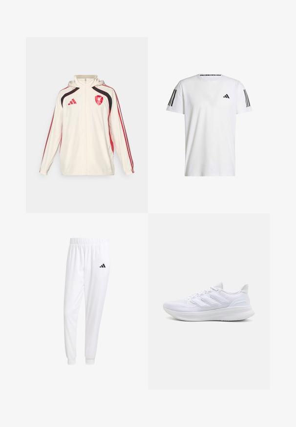 adidas Performance LIVERPOOL FC UBP WINDBREAKER - Club wear - white; White short-sleeve T-shirt made of breathable fabric, featuring a black triangular logo and three black stripes on each shoulder.; White athletic pants made of smooth fabric, featuring an elastic waistband and fitted cuffs, with a black logo on the back pocket.; White athletic shoes featuring a textured mesh upper, supportive cushioned sole, and three stripe design on the side.