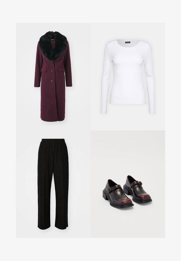 ONLY ONLLIVA NANCY LIFE COAT - Klasičan kaput - burgundy; Bijela rebrasta dugosveđa majica s okruglim izrezom. Izrađena od rastezljivog materijala koji se prilagođava tijelu. Sadrži suptilne horizontalne linije.; Crne široke hlače s bijelim vertikalnim prugama, s elastičnim pojasom za udobnost i glatkom, mekom teksturom.; Cipele s blok potpeticom od kože, s sjajnom tamnocrvenom završnom obradom, opremljene remenom s kopčom i dizajnom s okruglim nosom. Teksturirani đon za prianjanje.