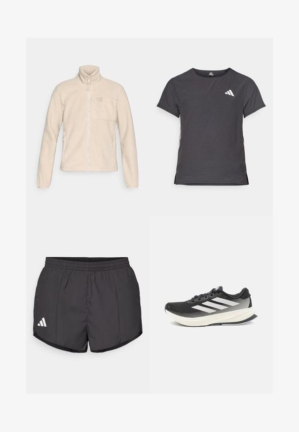 Beige fleece jakke med høy krage, full glidelås foran og brystlomme. Har side lommer og en teksturert, myk overflate.; Kortermet treningstrøye, mørkegrå med perforert tekstur. Har en hvit logo og kontrasterende side-striper. Rund halslinje.; Svart treningsshorts laget av lett materiale, med elastisk midje og en hvit Adidas-logo nederst til venstre.; Svart idrettssko med mesh-overdel, hvite detaljer og en tykk hvit såle. Har snøring og en lavprofil design.