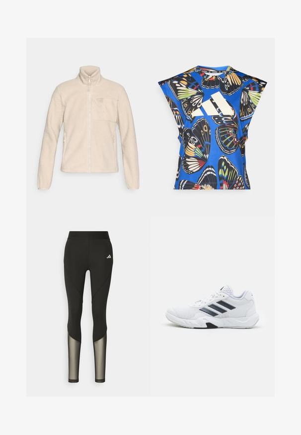 Beige színű polárdzseki magas gallérral, teljes elülső cipzárral és mellzsebbel. Oldalzsebekkel rendelkezik, és texturált, puha felülete van.; Kék, rövid ujjú ing, amelyet élénk pillangó mintázat díszít különböző színekben, az elején egy nagy fehér logóval és kerek nyakkivágással.; Fekete sport leggings, magas derékkal, hálós díszítéssel az alsó lábszárakon és hímzett logóval a csípőn.; Fehér sportcipő, hálós felsőrésszel, az oldalon három fekete csíkkal, textúrázott részletekkel és egy tartós gumi talppal, amelynek ellentétes fekete szakasza van.