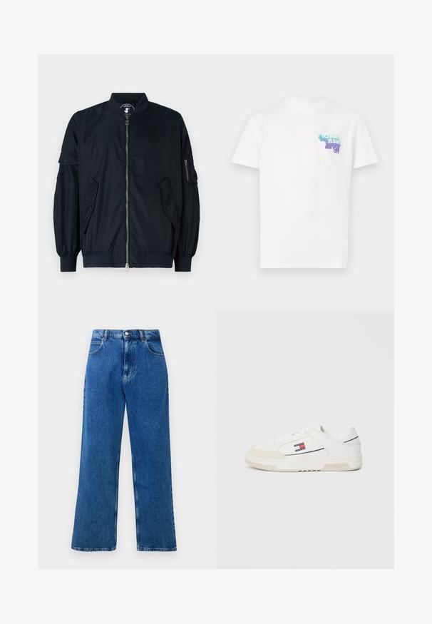 Ναυτικό ελαφρύ μπουφάν με μπροστινό φερμουάρ, ελαστικούς καρπούς και δύο πλαϊνές τσέπες. Διαθέτει τσέπη με φερμουάρ στο μανίκι.; Λευκό βαμβακερό T-shirt με πολύχρωμο γραφικό λογότυπο στο αριστερό στήθος, στρογγυλή λαιμόκοψη και κοντά μανίκια.; Μπλε ψηλόμεσες, φαρδιές τζιν παντελόνες με κουμπί και φερμουάρ μπροστά, θηλιές ζώνης και πέντε τσέπες.; Λευκά αθλητικά παπούτσια με λείο δερμάτινο επάνω μέρος και σουέντ πέλμα, εμφανίζοντας ένα μικρό κόκκινο, λευκό και μπλε λογότυπο στο πλάι και υφασμάτινη σόλα.