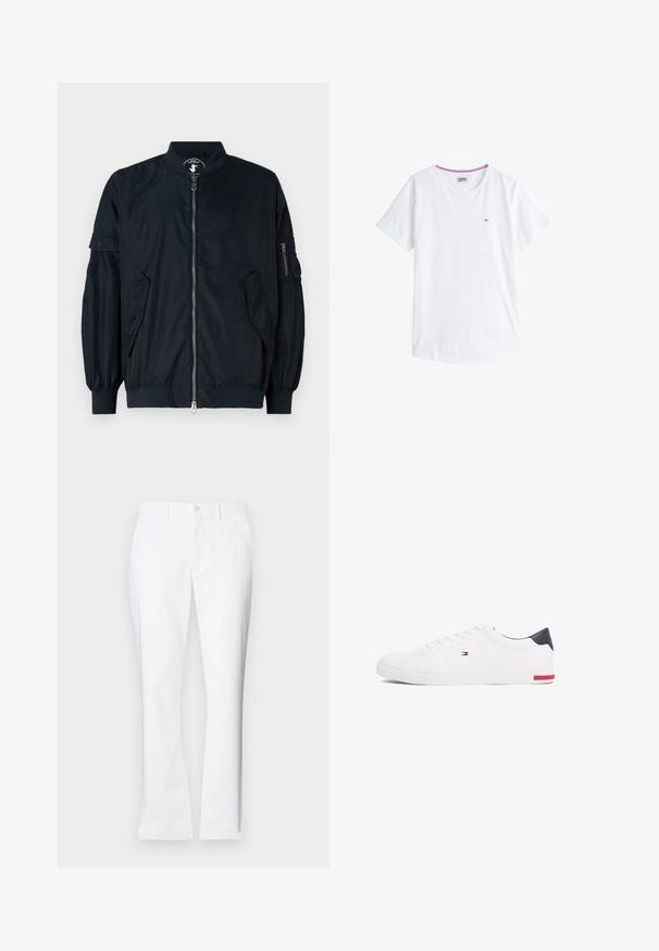 Navy lightweight bomber jacket with a front zipper, elastic cuffs, and two side pockets. Features a zippered pocket on the sleeve.; White cotton t-shirt with a crew neck, short sleeves, and a small embroidered logo on the left chest. Features contrasting colored trim at neckline.; White cotton trousers with a straight-leg design, front pockets, a single button closure, and a smooth texture.; White low-top sneakers made of smooth leather. Features a navy heel cap and a red accent on the sole. Six eyelets for laces.