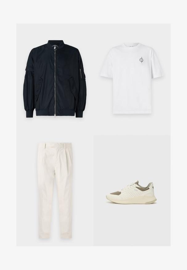 Tengerészeti könnyű bombázódzseki elöl cipzárral, elasztikus mandzsettákkal és két oldalsó zsebbel. A ujjon egy cipzáras zseb is található.; Fehér pamut póló laza szabással, kis fekete grafikai logóval a bal mellen. Rövid ujjak, kerek nyakkivágás.; Fehér, pliszírozott nadrág, testre szabott szabással, sima felülettel, övhurkokkal és karcsú lábszárral. Nincs látható zseb vagy minta.; Fehér és világos bézs sportcipő, légies hálós felsőrésszel, perforált részletekkel és texturált középtalppal, amelyen a saroknál a márka logója található.
