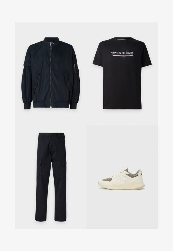 Casaco bomber leve em azul-marinho com fecho na frente, punhos elásticos e dois bolsos laterais. Apresenta um bolso com fecho no braço.; T-shirt de algodão preto com um logo "TOMMY HILFIGER" em branco e cores, com "NEW YORK" e "1985" em texto menor abaixo. Mangas curtas, decote redondo.; Calças cargo pretas feitas de tecido resistente, com corte de perna direita, dois bolsos laterais e fecho de botão na cintura.; Sapatilha atlética branca e bege claro, com parte superior em malha, detalhes perfurados e uma entressola texturizada com marcação no calcanhar.