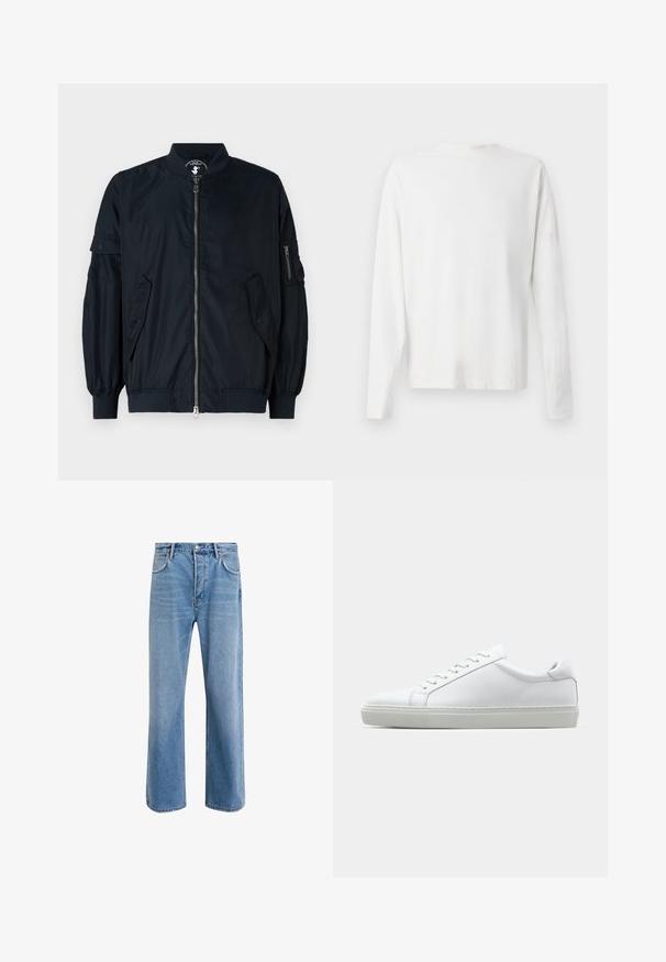 Marinefarbener leichter Bomberjacke mit einem vorderen Reißverschluss, elastischen Bündchen und zwei Seitentaschen. Verfügt über eine Reißverschlusstasche am Ärmel.; Langärmliges weißes Baumwollhemd mit rundem Ausschnitt, seitlichen Schlitzen am unteren Rand und glatter Textur, von hinten präsentiert.; Helle blaue Jeans im Geradeschnitt-Design, mit fünf Taschen, Knopfverschluss, minimaler Ausbleichung und kontrastierenden Nähdetails.; Weißer Sneaker mit glattem Lederobermaterial und niedrigem Profil. Verfügt über eine runde Zehenpartie, sechs Ösen und eine strukturierte Gummisohle.