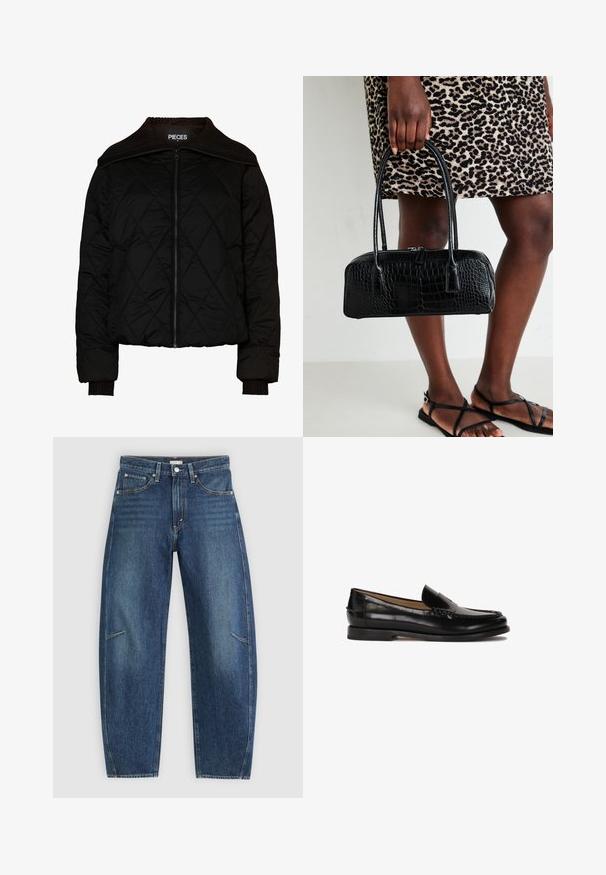 Juodasis gumuotas bomberio tipo švarkas su raštuotu apykakle ir rankogaliais, su užtrauktuku. Lengvas audinys su deimanto raštu. Dydis M.; Grietos spalvos golfas, pagamintas iš minkštos mezginio medžiagos. Su ilgomis rankovėmis ir rausviais rankogaliais bei apatine dalimi.; Tamsiai mėlynos džinsinės kelnės su tiesiomis kojomis, turinčios priekinės kišenes, kontrastingą siuvimą ir subtilų pabandymą ant kojų.; Juodas odinis loafers stiliaus batelis su apvaliu nosimi, lengvai užsidedantis dizainas ir subtilūs siuvinėjimo detalės viršuje. Lygus guminis padas.; Juodas krokodilo tekstūros rankinės maišas su dviem rankenomis ir užtrauktuko uždarymu. Maišas turi stačiakampio formą ir blizgų paviršių.