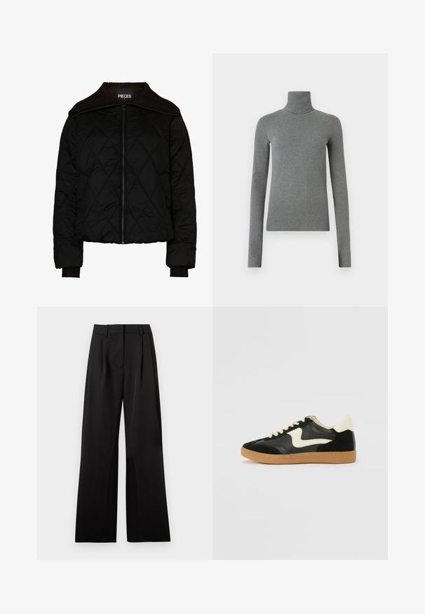 Must mustriga bomber-jakk, millel on soonikkoesed ja mansetid, lukuga. Kergekangas, milles on sametmuster. Suurus M.; Hallhalli hallitatud särk, mis on valmistatud siledast, venivast kangast. Pikkade varrukatega, sobiv disain, minimaalne tekstuur, ilma nähtavate mustrite või riistvaraeta.; Mustad laiad püksid siledast kangast, esipliidid, lame vöökoht ja vöökohale aasad. Lihtne, hästi lõigatud disain.; Must musta ja nahast sneakersid, millel on koorevärvi külgsuund ja hele koorik. Omab beeži paelu ja kummi kummist välistalla.