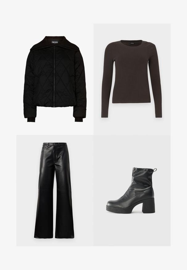 Svart kviltet bomberjakke med ribbet krage og mansjetter, utstyrt med glidelås. Lett stoff med diamantmønster. Størrelse M.; Brun, langermet ribbestrikket topp med rund hals. Laget av et glatt, elastisk materiale, med en tettsittende silhuett og minimalt med detaljer.; Sorte høy midje vide ben bukser i imitert skinn med knapp foran, glidelås, beltehemper og sidelommer på hvit bakgrunn.; Svarte ankelstøvler laget av glatt lær, med glidelås på siden, chunky strukturert hæl, og rund tå-design.
