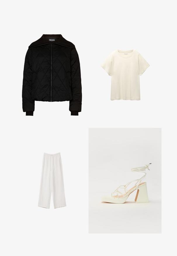 Črna prešita bomber jakna z rebrastim ovratnikom in manšetami, opremljena z zadrgo. Lahka tkanina z diamanti. Velikost M.; Svetlo bež kratkosleeven majica s okroglim ovratnikom, izdelana iz mehke, gladke tkanine. Ima sproščen kroj in raven rob.; Bele široke hlače iz lahkega materiala. Imajo elastičen pas s vrvico in stranske žepe. Gladka tekstura.; Bela sandala na visokih petah s debelim petam, ki ima obliko trakcev in vezanje okoli gležnja. Gladka tekstura z platformo spredaj za dodatno višino.
