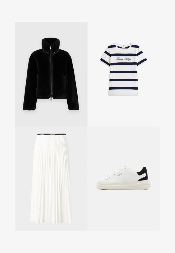 Fekete műszőrme rövid dzseki magas gallérral, teljes elülső cipzárral és egyetlen csatolási részlettel. Puha tapintású és laza fazonú.; Fehér alapú, vízszintes sötétkék csíkos pamut póló. A mellkason írásos stílusban hímzett "Tommy Hilfiger" felirat. Kerek nyakú.; Plisszírozott fehér szoknya fekete elasztikus derékkal, amelyen a "LACOSTE" logó található. Középhosszú kialakítás, puha tapintással.; Fehér bőr sportcipők vastag fehér talppal, fekete velúr sarokpikkelyel és dombornyomott logóval az oldalon. Fűzős kialakítás, hat fűzőlyukkal.