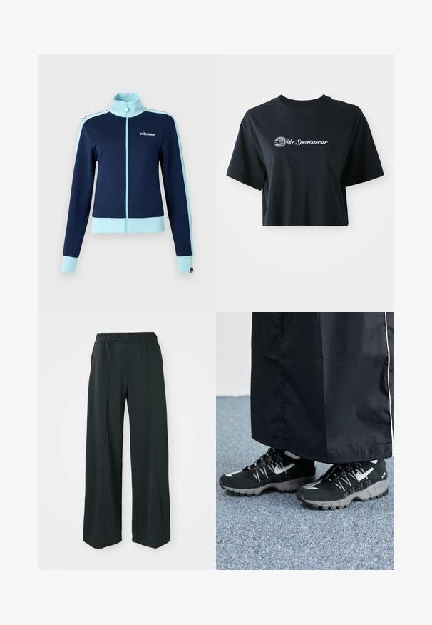 Tummansininen vetoketjullinen takki, jossa on vaaleansinisiä yksityiskohtia, korkea kaulus ja pitkät hihat. Ominaisuuksina brändilogo rinnassa ja yhteensopivat hihansuut.; Mustat puuvillaiset t-paidat, joissa on lyhyet hihat, etupuolella valkoiset tekstit "Vice Sportswear" ja ympyräkuvio.; Mustat, leveälahkeiset urheiluhousut, joissa on joustava vyötärö. Valmistettu sileästä, joustavasta kankaasta, jossa on huomaamattomat etusaumat ja ei taskuja.; Mustat urheilukengät, joissa on teksturoitu päällinen, hopeiset yksityiskohdat ja kuvioitu ulkopohja, yhdistettynä mustaan pitkään vaatteeseen. Taustalla sininen matto.