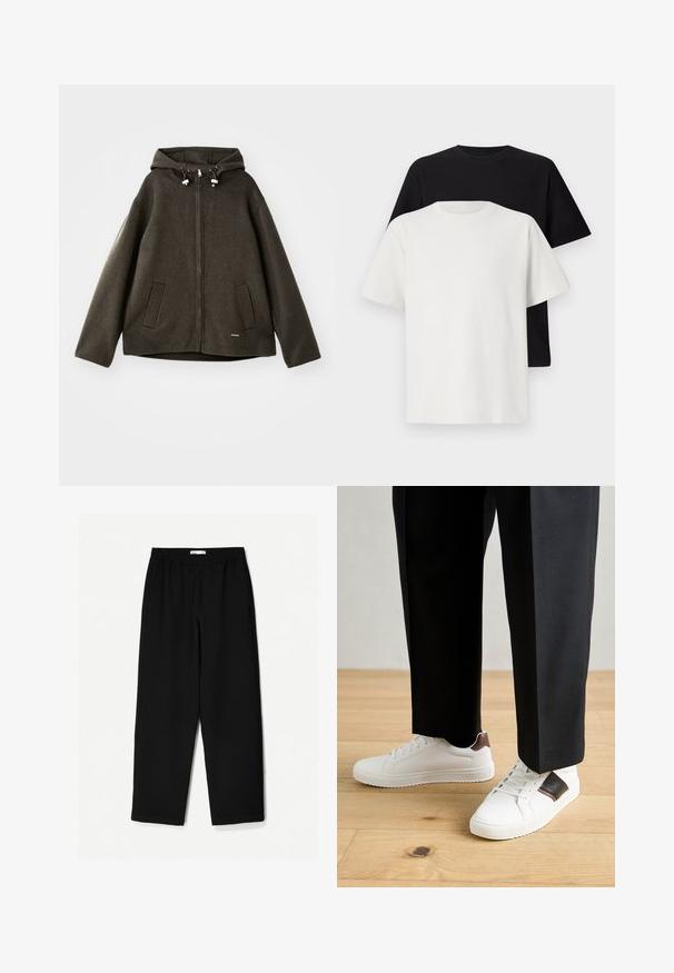 Mørkegrøn hættejakke lavet af tekstureret stof, med en frontlynlås, to sidelommer og snore detajer.; Sæt af bomulds T-shirts bestående af en sort top og en hvid top, begge med korte ærmer, rund halsudskæring og standard pasform. Tekstureret stof.; Sorte, vidde ben bukser lavet af et let stof. Har en elastisk talje og en glat tekstur. Ingen synlige mønstre eller hardware.; Hvide sneakers med glat tekstur, prydet med brune læderdetaljer og sorte detaljer, sammen med sorte skræddersyede bukser. Baggrund med trægulv.