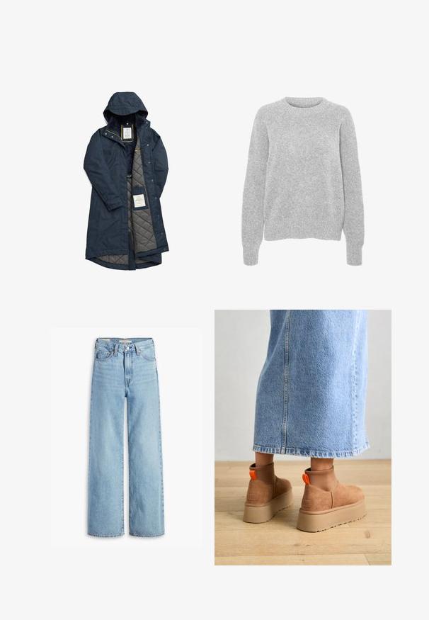 Laivaston vedenpitävä takki, jossa on tikkivuori harmaana, huppu ja keltaisia yksityiskohtia; varustettu napituskiinnityksillä ja sisällä brändilogo.; Harmaa neulottu paita pitkillä hihoilla, pyöreällä kaula-aukolla, ribbireunuksilla ja helmalla, jossa on pehmeä tekstuuri ja rento istuvuus.; Korkeavyötäröiset, vaaleansiniset levenevät farkut, joissa on etupainike ja vetoketju, vyölenkit ja viisi taskua.; Ruske mokasine z platformo in elastiko na straneh ter oranžnimi zategovalnimi trakovi, v kombinaciji z osnovno dolžino svetle denim krila na lesenem podu.