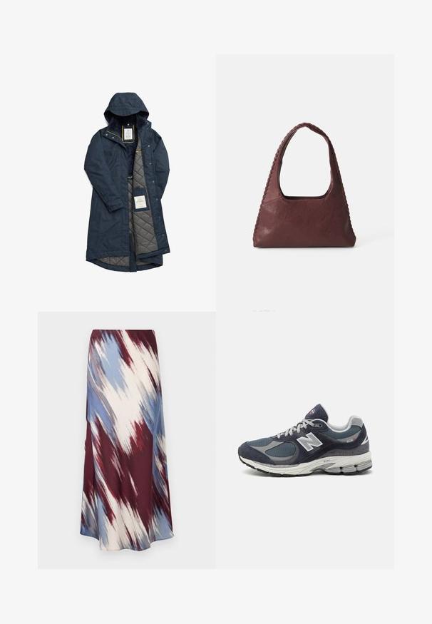 Caban impermeabil de marină cu căptușeală gri matlasată, glugă și accente galbene; are închideri cu capse și un etichetă a mărcii în interior.; Polo cu mânecă lungă, cu dungi în nuanțe de burgund și alb, având un guler, placket cu trei butoane și un logo brodat pe piept.; Fustă lungă cu un model diagonal de tie-dye în burgund, albastru și crem, realizată dintr-un material moale cu o siluetă fluidă și o ușoară strălucire.; Adidași New Balance cu un upper din plasă și piele întoarsă de culoare albastru închis, accente gri, logo alb, talpă cu amortizare și detalii texturate.; Geantă de piele burgundă, cu o formă triangulară, cu deschidere în partea de sus și detalii împletite pe mânere. Textură netedă, cu un finisaj mat.