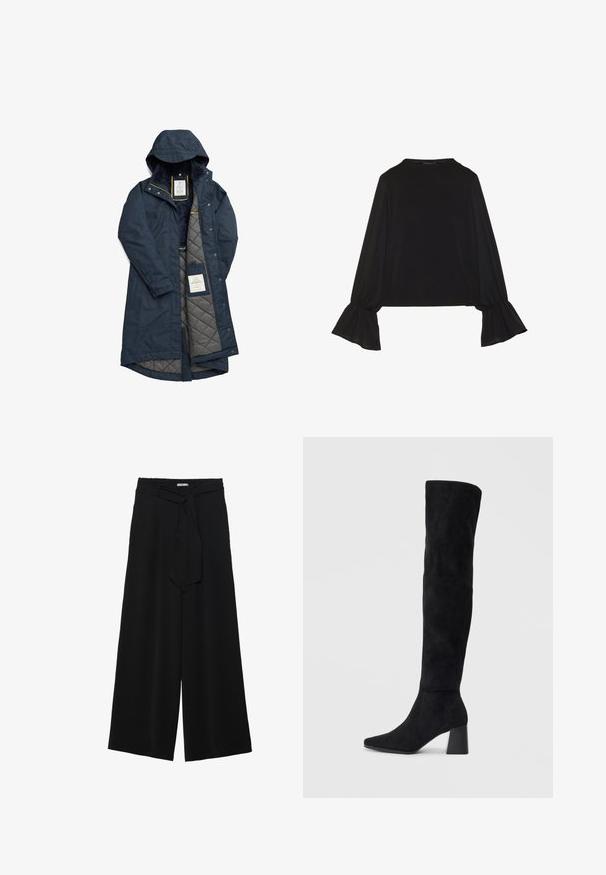 Caban impermeabil de marină cu căptușeală gri matlasată, glugă și accente galbene; are închideri cu capse și un etichetă a mărcii în interior.; Top negru cu mânecă lungă, cu mansete evazate, textură moale și croială lejeră, având un guler rotund simplu.; Pantaloni largi negri dintr-un material texturat, cu un tiv elastic și o panglică detașabilă la talie pentru un fit ajustabil.; Cizme negre din suede, cu toc bloc, vârf ascuțit și un design neted, fără cusături, pe un fundal deschis.
