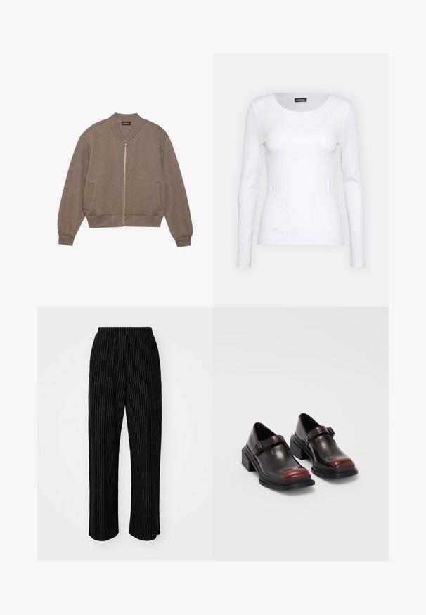 Pruunis tikitud bomber-jakk, millel on tõmblukk ees, ribikrae ja mansetid. Omab kahte külgmist taskut ja delikaatset tekstuuri.; Valge soonikuline pikkade varrukatega pluus ümmarguse kaelusega. Valmistatud venivast kangast, mis kehale siledalt ümber läheb. Omab peeneid horisontaalseid jooni.; Mustad, laiad püksid valgete vertikaalsete triipudega, millel on mugav elastne vöökoht ja sile, pehme tekstuur.; Nahkased blokeeritud kontsaga kingad, millel on läikiv tume burgundi värv, koos pannalalusega ja ümarate sõrmedega disainiga. Struktuurne välistald haarde jaoks.