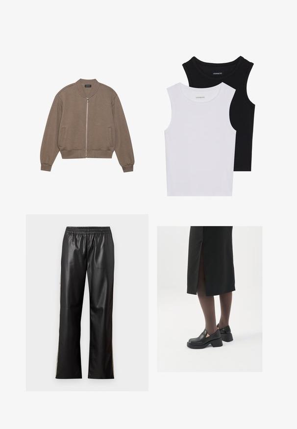 Brown quilted bomber jacket with a zip front, ribbed collar, and cuffs. Features two side pockets and a subtle textured pattern.; Two sleeveless tops in black and white, made of ribbed cotton, featuring round necklines and a fitted design. Labels visible on both.; Black faux leather pants with an elastic waistband, straight leg design, and contrasting side stripes. Smooth texture and minimalist style.; Black leather shoes with a rounded toe, thick block heel, and elastic side accents, paired with dark tights and a black skirt with a slit.