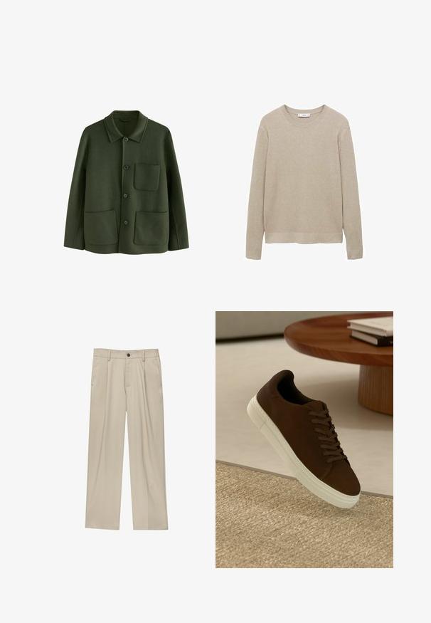 Zelená vlnená bunda s golierom, predným zapínaním na gombíky a dvoma náprsními vreckami, dokončená jemnou textúrou.; Béžový rebrovaný pletený sveter s dlhými rukávmi, okrúhlym výstrihom a strihaným lemom. Tkanina sa zdá byť jemná s textúrovaným vzorom.; Béžové nohavice s rovný strihom, s jedným čiernym gombíkom, pútkami na opasok a bočnými vreckami. Hladká textúra látky a minimálny dizajn.; Hnedé nubukové tenisky s plochými šnúrkami a bielou gumovou podrážkou, s okrúhlou špičkou a minimalistickým dizajnom, umiestnené na textúrovanej ploche.