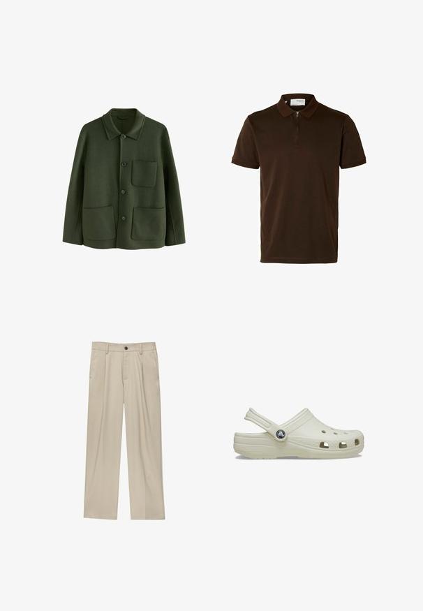 Grüne Wolljacke mit Kragen, Knopfverschluss vorne und zwei aufgesetzten Taschen, ausgestattet mit einer weichen Textur.; Braunes Poloshirt aus glattem Stoff, mit einem Reißverschlusskragen, kurzen Ärmeln und einer taillierten Passform. Keine Muster oder Verzierungen sichtbar.; Beige Hosen mit geradem Schnitt, ausgestattet mit einem einzelnen schwarzen Knopf, Gürtelschlaufen und Seitentaschen. Glatte Stofftextur und minimalistisches Design.; Cremfarbener Gummischuh mit Rückenriegel, Belüftungsöffnungen, texturiertem Obermaterial und erhöhten Kanten. Verfügt über ein rundes Logo-Element an der Seite.