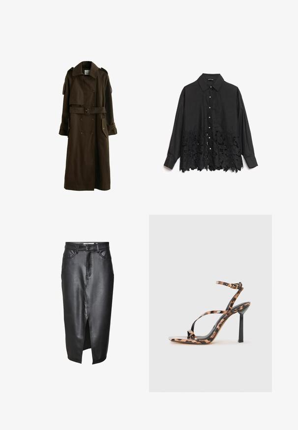 Next Trenssi - chocolate brown; Musta nappikauluspaita, jossa on sileä yläosa ja pitsiyksityiskohta kukkakuviolla. Kaulus on jämäkkä, ja edessä on helmimäiset nappiratkaisut.; Musta nahkahame, jossa on keskikokoisen pituuden muotoilu, jossa on edessä halkio, klassiset vyölenkit ja ommeltu yksityiskohtia saumoissa.; Korkokenkä, jossa on nauhoja, neliönmuotoinen varvas ja leopardikuosi ruskean ja mustan sävyissä kiiltävässä pinnassa.