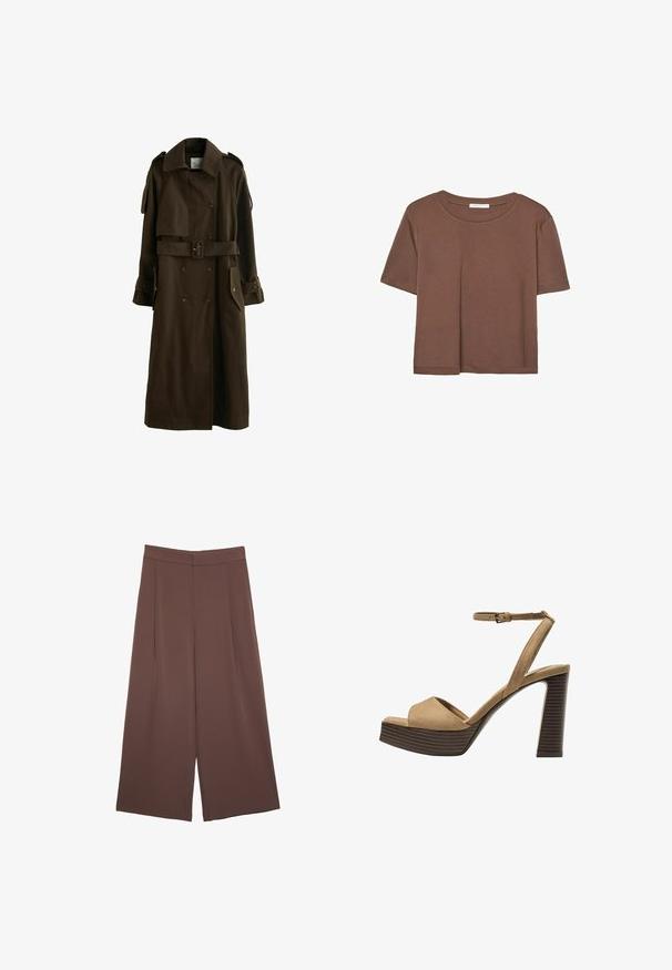 Next Trench - chocolate brown; Maglietta a maniche corte marrone realizzata in tessuto morbido, con scollatura rotonda e vestibilità rilassata. Nessun motivo o dettaglio visibile.; Pantaloni ampi marroni con una texture liscia, caratterizzati da una vita alta e pieghe frontali. Il tessuto è leggero e scorre liberamente.; Sandali con tacco alto in suede beige, con una larga fascetta anteriore e una fascetta alla caviglia, dotati di un tacco blocco in legno spesso con una finitura testurizzata.