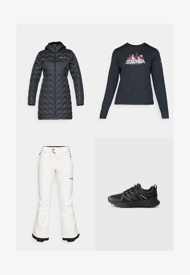 Casaco de inverno longo e acolchoado, preto, com capuz e fecho central, apresentando costura texturizada em padrão de chevron e logo da Columbia no peito.; Camisa de mangas longas cinza escuro com um gráfico de árvores vermelhas e montanhas; logótipo "COLUMBIA" em texto branco em negrito. Tecido suave, cuello redondo padrão.; Calças de esqui brancas feitas de um material suave e flexível. Apresenta uma cintura ajustada, pernas largas e evasê, e um acabamento preto nas bainhas. Logotipo da marca visível.; Columbia PEAKFREAK - Sapatos de caminhada - black