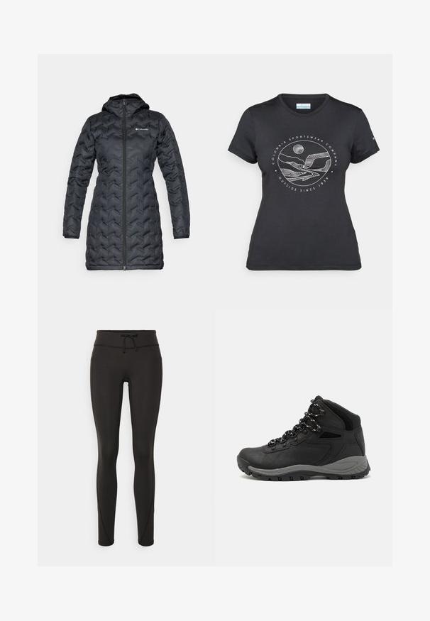 Cappotto invernale lungo e imbottito di colore nero con cappuccio e zip centrale, caratterizzato da cuciture a chevron testurizzate e logo Columbia sul petto.; Maglietta nera Columbia con arte lineare bianca di una montagna circolare e un fiume, e il testo "Columbia Sportswear Company Outside Since 1938."; Leggings neri con vita alta, cordino, texture liscia e design aderente. Presentano dettagli di cucitura lungo i lati.; Stivale da trekking nero con design a metà altezza, dotato di una tomaia texturizzata, accenti grigi e suola in gomma resistente con tasselli per la trazione.