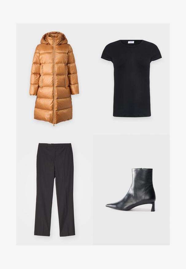 Armani Exchange Casaco de penas - whisky; T-shirt preto com riscas, de decote redondo e mangas curtas. Tecido macio com forma ajustada, apresentando uma etiqueta na gola.; Calças pretas sob medida com um design de perna reta, apresentando passantes para cinto e uma textura suave, feitas de um tecido leve.; Bota de tornozelo em pele preta com biqueira apontada e um design elegante. Apresenta um salto baixo e um fecho com zipper na parte de trás. Textura suave.