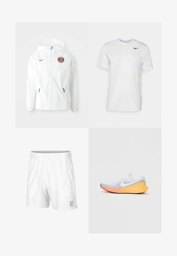 Hvid vindjakke med hætte, som har et maroon PSG-logo på venstre bryst, lynlåslommer på siden og elastiske manchetter.; Hvid kortærmet t-shirt lavet af glat stof. Har en rund hals og et lille sort Nike-logo på venstre bryst.; Hvide atletiske shorts lavet af letvægtsstof med elastisk talje, der har to sidelommer og et lille sort logo på kanten.; Lys blå løbesko med en åndbar mesh-overdel. Har et hvidt swoosh, en orange og gul mellemsål samt en sort sål for traction.