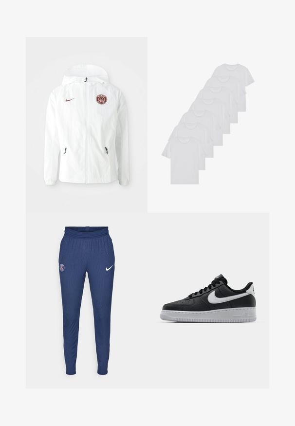 Biała kurtka przeciwwiatrowa z kapturem, z bordowym logo PSG na lewej piersi, zapinanymi bocznymi kieszeniami i elastycznymi mankietami.; Białe bawełniane koszulki, krótki rękaw, design z okrągłym dekoltem, gładka faktura, ułożone w rzędzie, z subtelnym logo przy dekolcie.; Granatowe spodnie sportowe z teksturowanej tkaniny, z logo Paryża na lewej nogawce i białym znakiem Nike na prawej.; Czarne skórzane trampki o teksturowanej powierzchni, białe logo Nike, szara podeszwa, okrągły czubek i sznurowany design. Posiada perforacje na nosku.