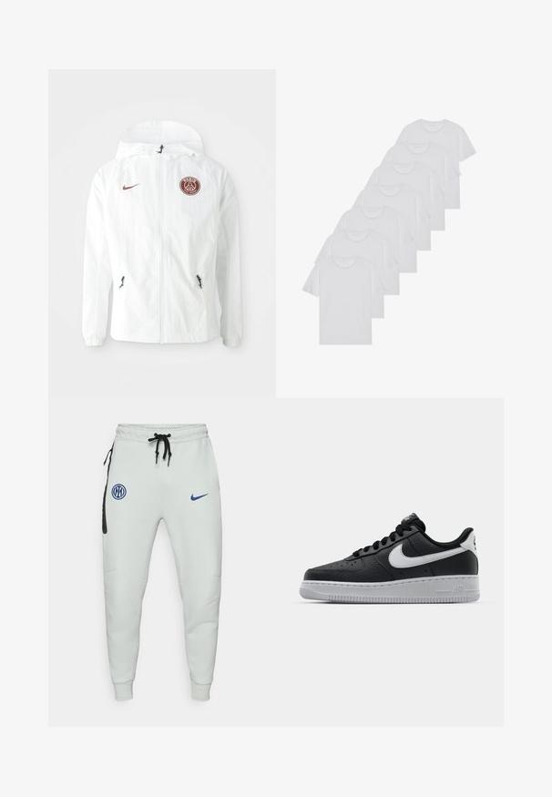 Hvit vindjakke med hette, med en maroon PSG-logo på venstre bryst, glidelåslommer på sidene og elastiske mansjetter.; Hvite bomulls T-skjorter, korte ermer, rund hals-design, enkel tekstur, stablet i en rekke, med subtil merking ved halsen.; Lys grå joggebukser laget av mykt stoff, med en svart lomme, blå logo-patcher, justerbar snøring i midjen og tettsittende mansjetter.; Svart lær sneakers med teksturert overflate, hvit Nike swoosh, grå såle, rund tå og snøredesign. Har perforeringer på tåboksen.